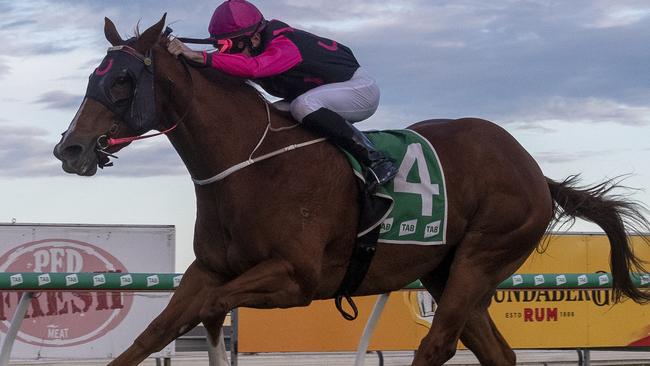 Jockey Sheriden Tomlinson rode the Gillian Heinrich-trained Prime Asset to victory in the RATINGS BAND 0 - 58 Handicap (1200m) at the Gold Coast Turf Club on Saturday, June 18, 2022. Picture: Greg Irvine