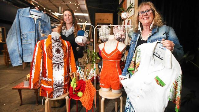 Peita Gardimann with designer Erica Bates, a fashion designer who makes clothes and dolls from upcycled fabric, with some of her items which will be on sale at the Makers and Finders Market market on Saturday. Picture: Scott Powick