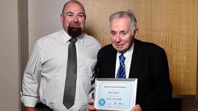 Des Lloyd with his son Glenn after being inducted into the Hall of Fame at the Ballarat Cricket Association. Picture: Golden Point Cricket Club.