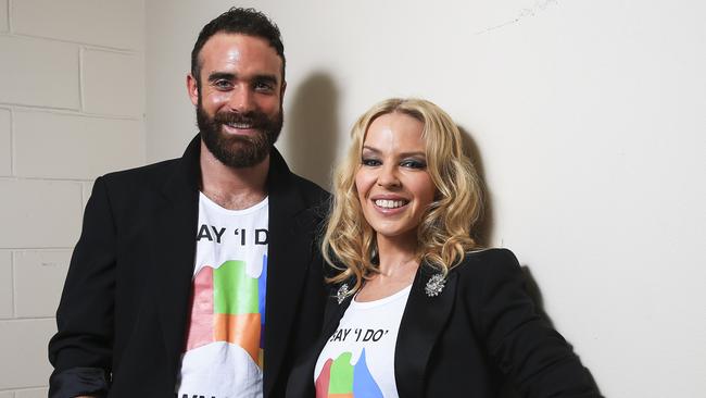 Kylie Minogue with ex-fiance Joshua Sasse does not deserve our pity. (Pic: Dylan Robinson/News Corp Australia)