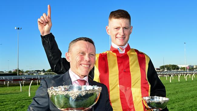 Chris Munce and Kyle Wilson-Taylor combine to win their first Group 1 with Palaisipan in the Tattersall's Tiara at Eagle Farm. Picture: Grant Peters/Trackside Photography