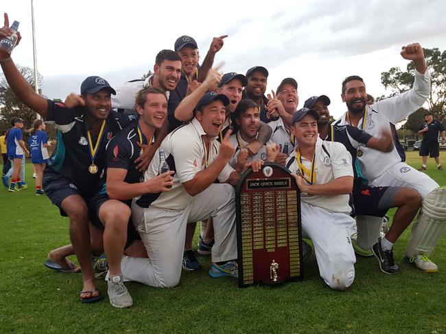 Bundoora Park celebrates its 2017-18 NMCA Quick Shield premiership. Picture: Tim Michell.