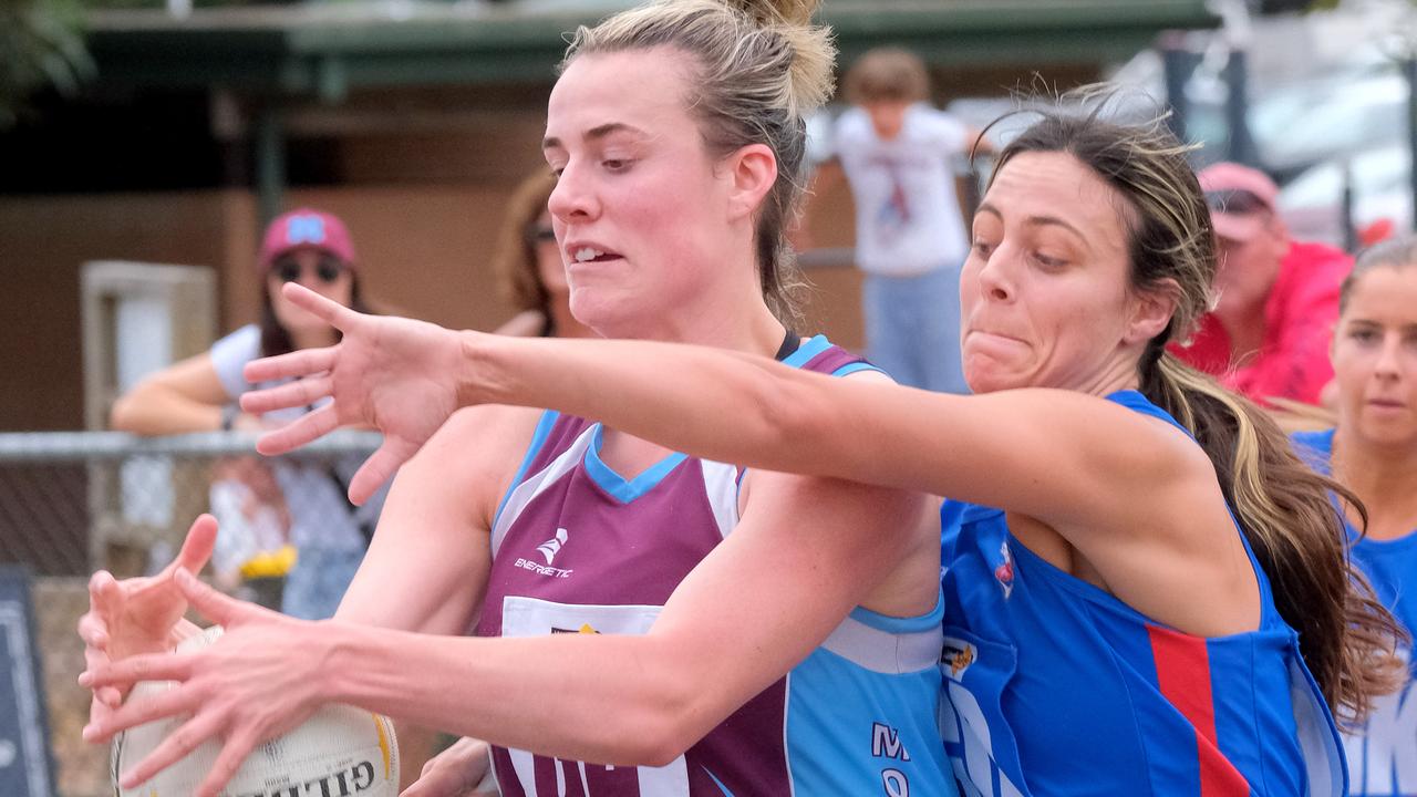 A Grade netball BFL: Modewarre v Queenscliff. Modewarre Goal attack Katrina Biscan and Queenscliff Goal defence Julia Mitchell Picture: Mark Wilson