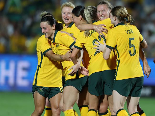 GOSFORD, AUSTRALIA - FEBRUARY 16: Hayley Raso of the Matildas celebrates a goal with team mates during the Cup of Nations match between the Australia Matildas and Czechia at Industree Group Stadium on February 16, 2023 in Gosford, Australia. (Photo by Scott Gardiner/Getty Images)