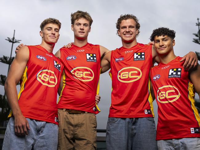 (L-R) Will Graham, Ethan Read, Jed Walter and Jake Rogers of the Suns pose for a photograph following the 2023 AFL Draft at Marvel Stadium on November 21, 2023 in Melbourne, Australia. Picture: Daniel Pockett/Getty Images.