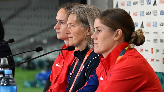 Norway's team was staying around the corner from the shooting but captain Maren Mjelde (R) said they felt safe the whole time. Picture: Saeed Khan / AFP