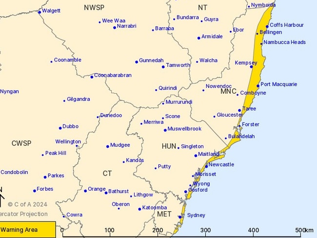 A developing low pressure system in the Tasman Sea is producing a vigorous southerly flow on its western flank. The low will move southeast, away from the NSW coast, later on Wednesday and Thursday resulting in easing winds. Picture: BOM