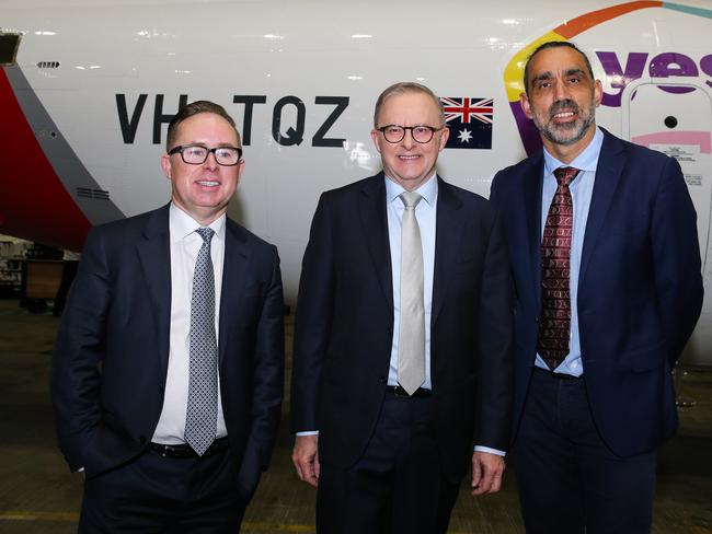 Alan Joyce alongside Prime Minister Anthony Albanese and Sydney Swans legend Adam Goodes at the launch of the Qantas 'Yes' Campaign in Sydney last year. Picture: NCA Newswire / Gaye Gerard