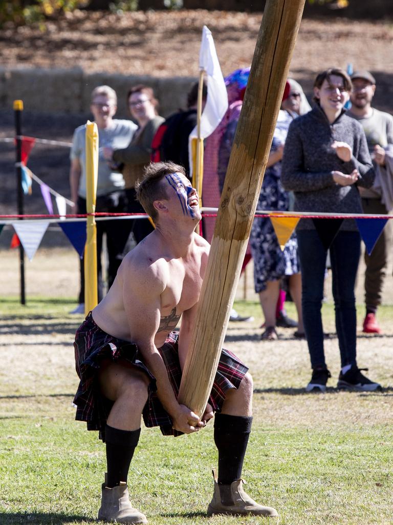 SA Medieval Fair in Paracombe - Caber Toss in Tartan Muscle event. 5th May 2024. Picture: Brett Hartwig