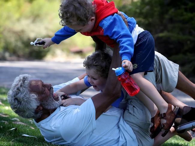 Ernie Dingo with three year-old twin sons Jimmy and Stewie. He tries to FaceTime his boys whenever he can, when on the road. Picture: Colin Murty, <i>The Australian</i>