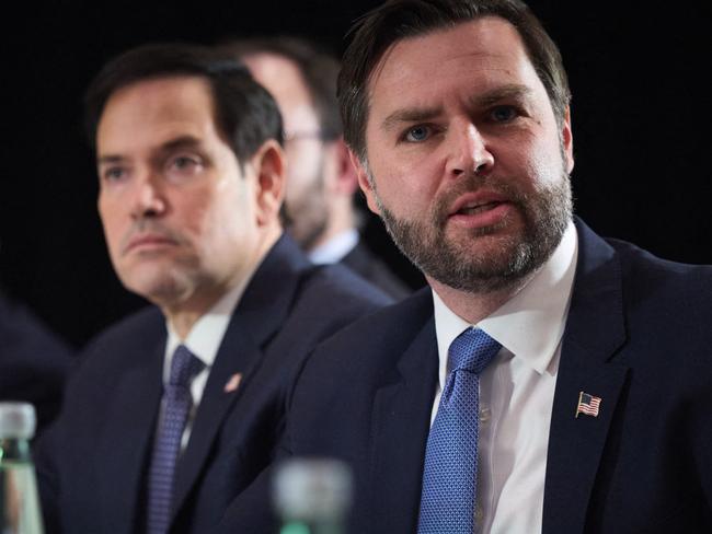 This handout photograph taken and released by Ukrainian Presidential press-service in Munich on February 14, 2025  shows US Vice President of the United States JD Vance (R) and US Secretary of State Marco Rubio (2nd R) during their meeting with the President of Ukraine (not in picture) on the sidelines of the Munich Security Conference. (Photo by Handout / UKRAINIAN PRESIDENTIAL PRESS SERVICE / AFP) / RESTRICTED TO EDITORIAL USE - MANDATORY CREDIT "AFP PHOTO / UKRAINIAN PRESIDENTIAL PRESS SERVICE" - NO MARKETING NO ADVERTISING CAMPAIGNS - DISTRIBUTED AS A SERVICE TO CLIENTS