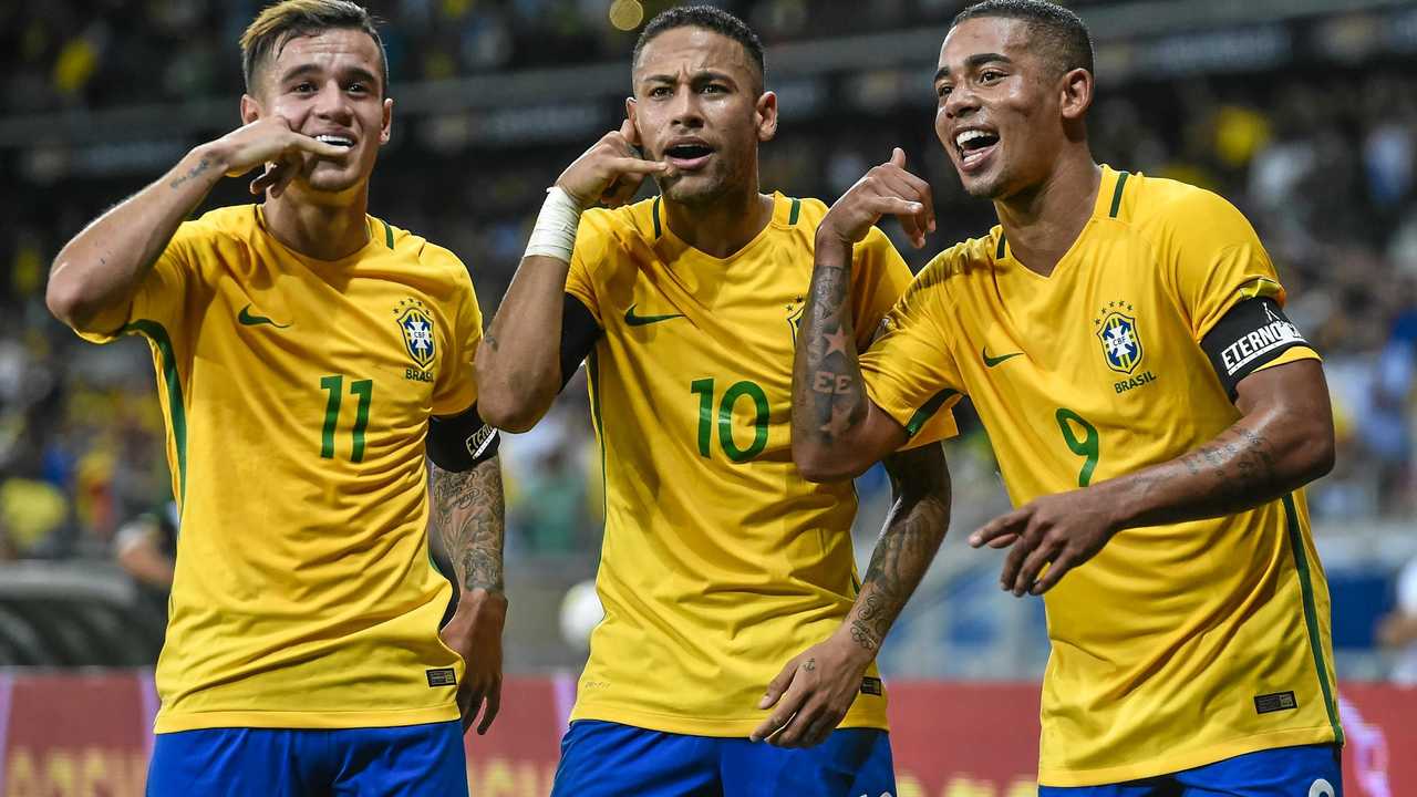 SAMBA STYLE: Brazil's Philippe Coutinho (left), Neymar and Gabriel Jesus celebrate a goal against Argentina during the qualification stages for 2018 FIFA World Cup in Russia. No South American team has won a World Cup on European soil - can Brazil be the first? Picture: Pedro Vilela