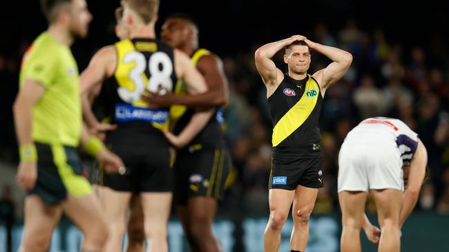 Richmond’s Dion Prestia after Friday night’s game against Fremantle ended in a draw. Picture: Michael Willson/AFL Photos