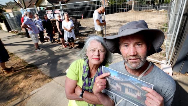 Debbie McColl-Davis said residents were horrified to see the Jollys had “thumbed their noses” at their neighbours by demolishing the house. She is pictured with Ken Duxbury and other concerned neighbours. Picture: Nicole Cleary