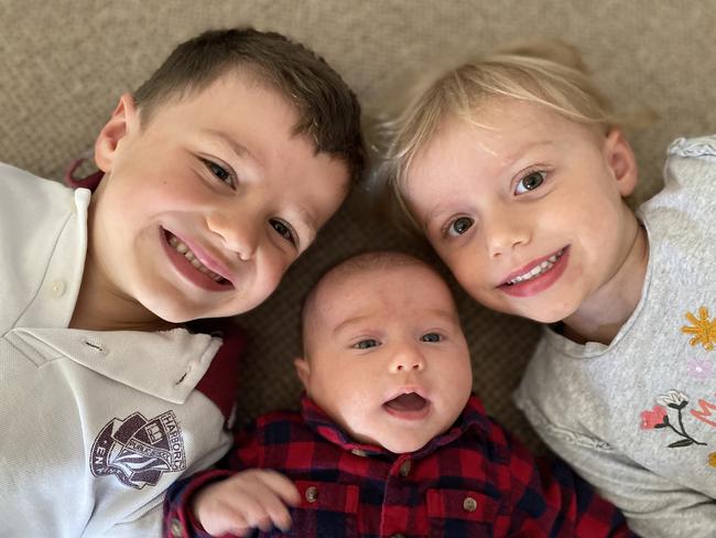 Children of Gemma Croxen and Rob Whitehouse, of Avalon. Left to right: Albi, 6, Amber, 4, and Jack, 9 weeks, who may not meet his grandparents until he’s walking.