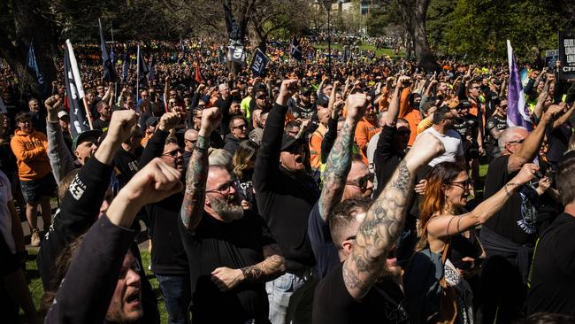 Thousands of CFMEU union members take part in a protest in Melbourne after a government decision to place it into administration. Photo by Darrian Traynor/Getty Images