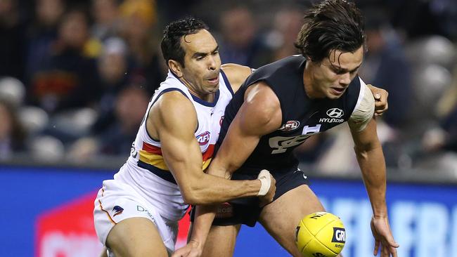 Carlton's Jack Silvagni tackled by Adelaide's Eddie Betts on Saturday. Picture: Michael Klein