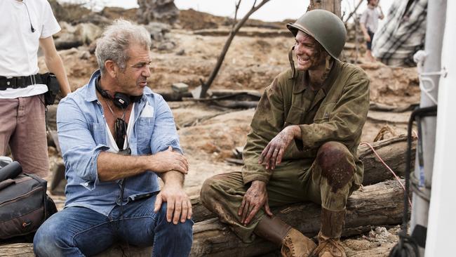 Mel Gibson with Andrew Garfield on the shoot for Hacksaw Ridge.