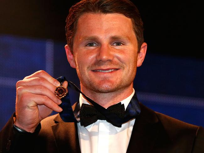 MELBOURNE, AUSTRALIA - SEPTEMBER 26: Patrick Dangerfield of the Cats holds the 2016 Brownlow Medal during the 2016 Brownlow Medal Count at the Crown Palladium on September 26, 2016 in Melbourne, Australia. (Photo by Adam Trafford/AFL Media/Getty Images)