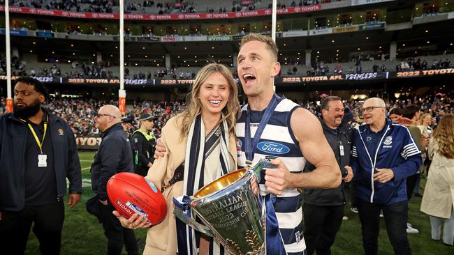 Brit and Joel Selwood on the MCG. Picture: Mark Stewart