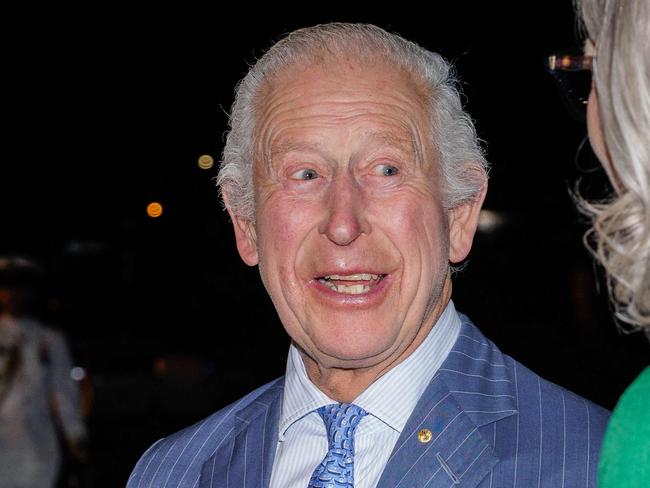 Britain's King Charles III speaks to Australia's Governor-General Sam Mostyn (R) after he and Queen Camilla arrived at Sydney International Airport in Sydney on October 18, 2024, for a six-day royal visit to Sydney and Canberra. (Photo by Brook Mitchell / POOL / AFP)