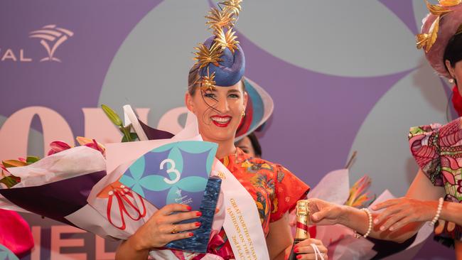 Rachel Barz place second at the 2024 Darwin Cup Carnival Fashions on Field. Picture: Pema Tamang Pakhrin