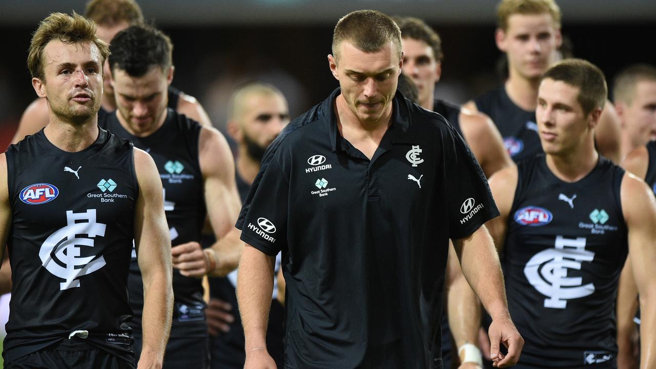 GOLD COAST, AUSTRALIA - APRIL 10: Patrick Cripps of the Blues looks dejected after the round four AFL match between the Gold Coast Suns and the Carlton Blues at Metricon Stadium on April 10, 2022 in Gold Coast, Australia. (Photo by Matt Roberts/AFL Photos/Getty Images)