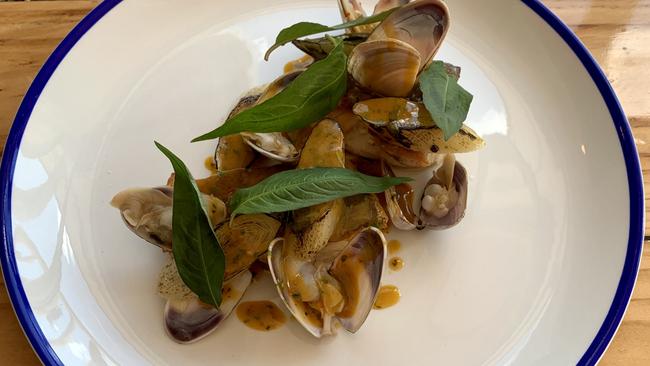 Murray cod, cockles, chilli and sea urchin butter at Jolleys Boathouse.