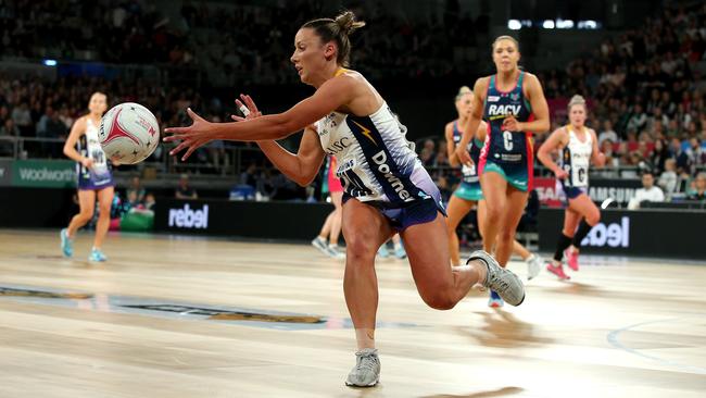 Sunshine Coast Lightning’s Kelsey Browne gathers the ball against Melbourne Vixens at Hisense Arena yesterday. Picture: AAP