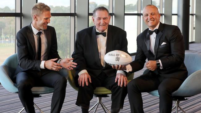 Kane Cornes and George Fiachi inducted into the Port Adelaide Hall Of Fame, with Port Adelaide great Geof Motley. Picture: Dean Martin