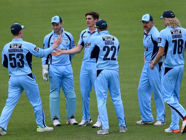 Sean Abbott celebrates with teammates after taking the wicket of Henry Thornton.