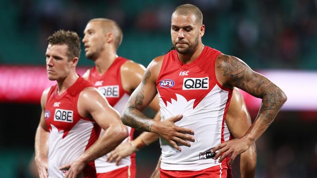 Lance Franklin walks off after Sydney’s Round 4 loss to Melbourne. Picture: Matt King/Getty Images. 