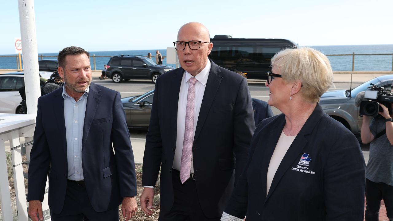 Leader of the Opposition Peter Dutton (middle) and Senator Linda Reynolds (right) on the 2025 federal election campaign. Picture: Adam Head / NewsWire