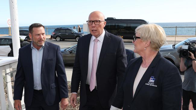 Leader of the Opposition Peter Dutton (middle) and Senator Linda Reynolds (right) on the 2025 federal election campaign. Picture: Adam Head / NewsWire