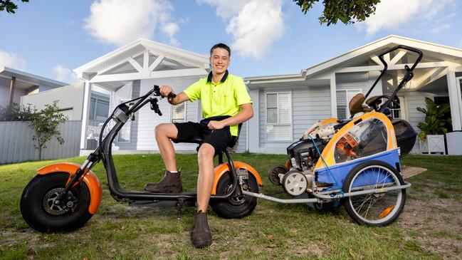 The teenager’s unique work vehicle is an e-bike fitted with plenty of gear. Picture: Luke Marsden