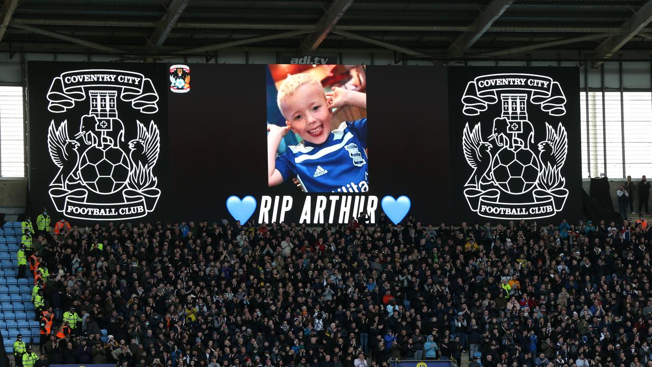 TV screen shows young Birmingham fan Arthur Labinjo-Hughes at the Coventry Building Society Arena, Coventry. Photo by Barrington Coombs/PA Images via Getty Images