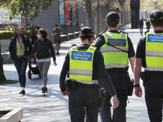 MELBOURNE, AUSTRALIA- NewsWire Photos SEPTEMBER 10, 2020: PSO members patrol Southbank during stage four COVID-19 lockdown in Melbourne: NCA NewsWire/ David Crosling