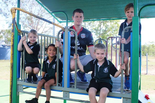 Glenden State School 2022 Prep class. Teacher Marc Irwin with (L-R) I. Grieve; A. Motu; C. Burgess; W. Schweitzer. Picture: Contributed MKY2022PREP