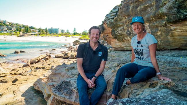 Seven time world surfing champion and environmental campaigner Layne Beachley chats to Richard Leck from WWF-Australia at Freshwater Beach, NSW in an episode of Chats for Change. Picture: WWF