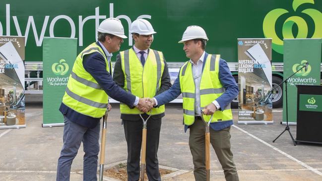 Mainbrace Constructions managing director Rob Doust, Parramatta Deputy Lord Mayor Sameer Pandey and Woolworths property development general manager Andrew Loveday turn the sod at North Parramatta. Picture: Dallas Kilponen/Woolworths