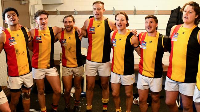 SFNL: Cheltenham players sing the song after beating St Paul's McKinnon. Picture: Josh Chadwick