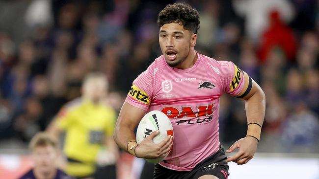 MELBOURNE, AUSTRALIA - JUNE 30:  Izack Tago of the Panthers makes a break to score a try during the round 18 NRL match between Melbourne Storm and Penrith Panthers at Marvel Stadium on June 30, 2023 in Melbourne, Australia. (Photo by Kelly Defina/Getty Images)