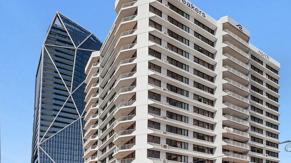 A one-bedroom, one-bathroom unit in the older-style Breakers tower at Surfers Paradise sold for $615,000