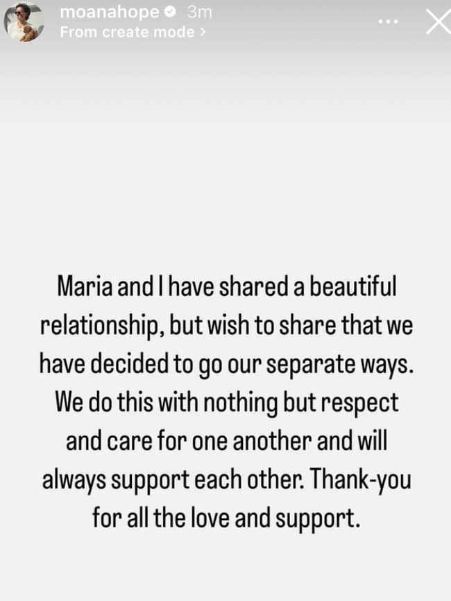 Moana Hope confirms she and Maria Thattil have split in a statement posted online on Saturday, February 22, 2025. Picture: Instagram.