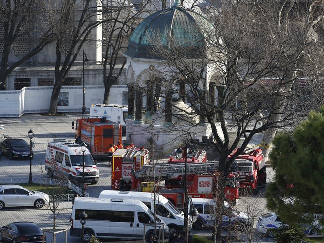 Scene ... rescue services rushed to the scene of an explosion in the historic Sultanahmet district of Istanbul. Picture: AP Photo/Emrah Gurel