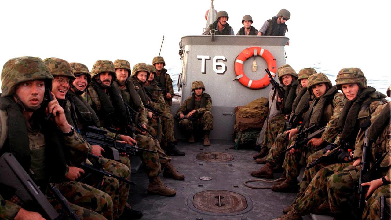 INTERFET troops from 3rd Brigade prepare to land on the beach at Suai East Timor, on-board HMAS Tobruk. Picture: Supplied.