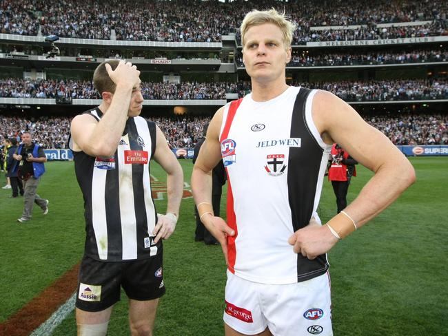 Opposing captains Nick Maxwell and Nick Riewoldt after the drawn game