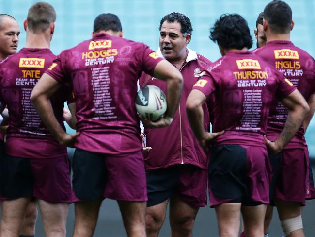 Mal Meninga speaks to players from the 2013 Maroons team. Picture: Getty Images