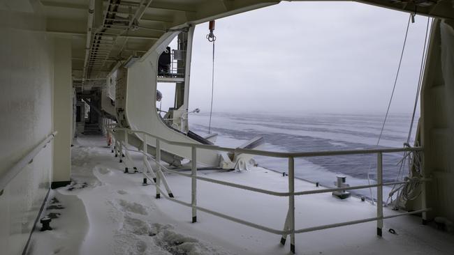 Snow settles on the RSV Nuyina amid freezing conditions in Antarctica. Picture: Pete Harmsen/AAD