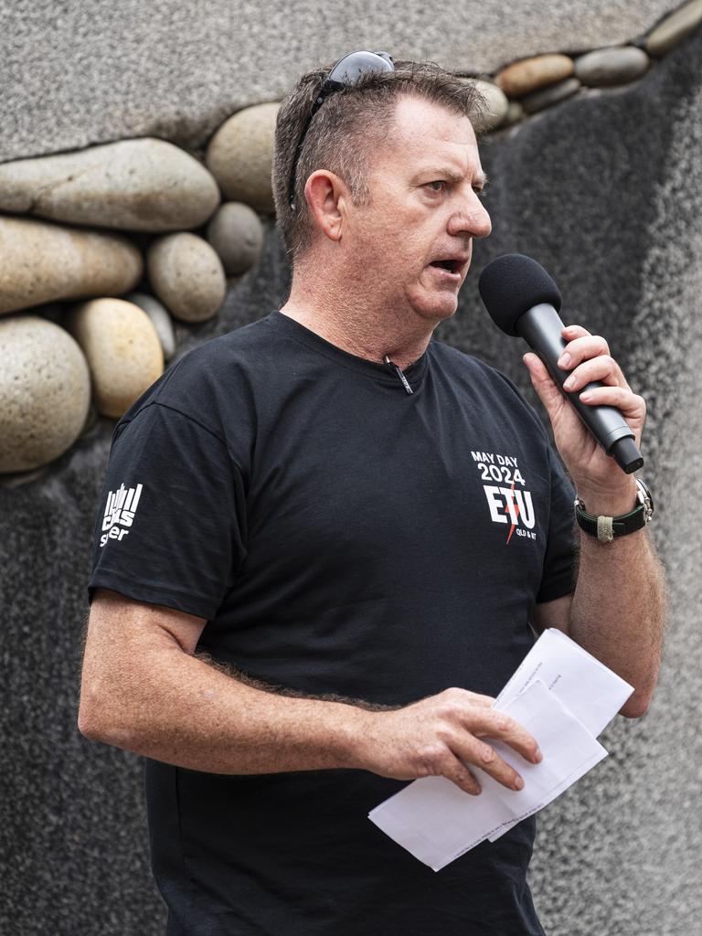 Electrical Trades Union organiser Damian Hewat speaking at the Toowoomba Labour Day march and flag raising, Saturday, May 4, 2024. Picture: Kevin Farmer